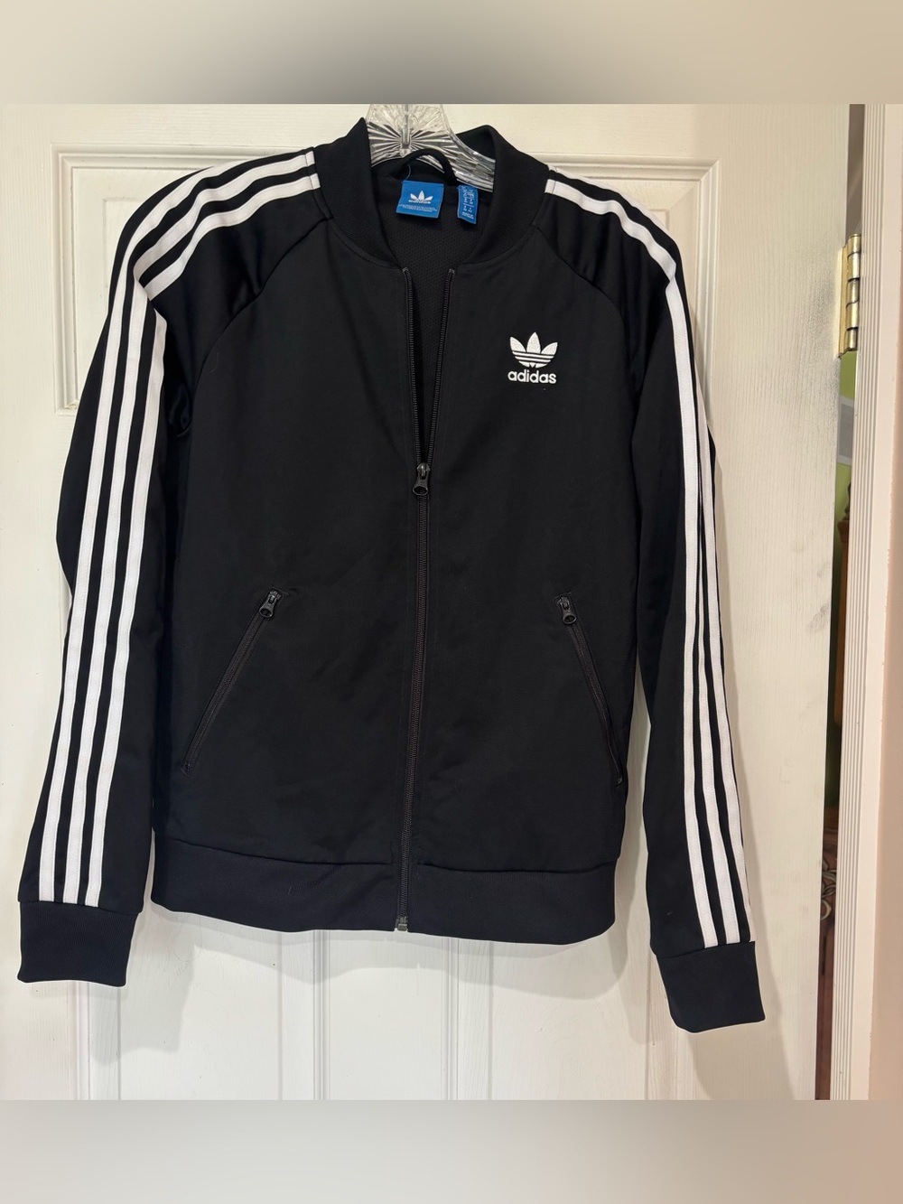 adidas Black Jacket with White 3‑Stripe Sleeves and Trefoil Logo